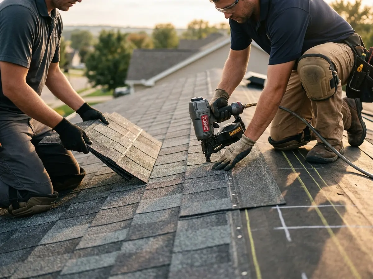 Professional roofer working on a residential roof in Lansdowne